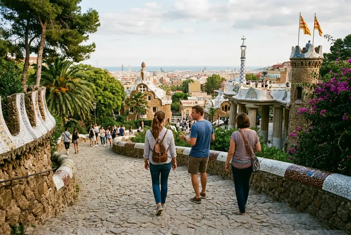 Editorial photo of a small group walking up Park Güell's terraced garden steps with a guide gesturing toward the city, representing park guell guided tour companies in Barcelona