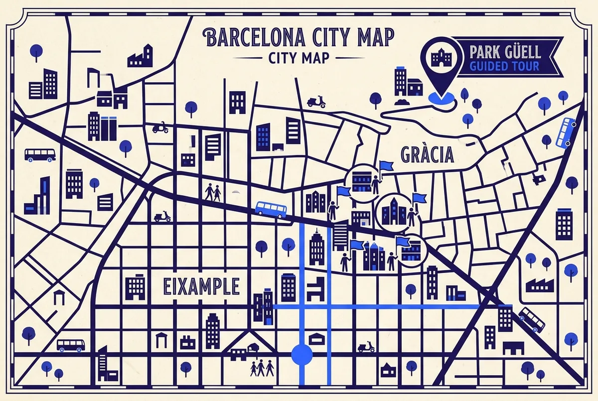 Map-style illustration of central Barcelona neighborhoods including Eixample and Gràcia with a labeled pin at Park Güell, showing where park guell guided tour companies are based