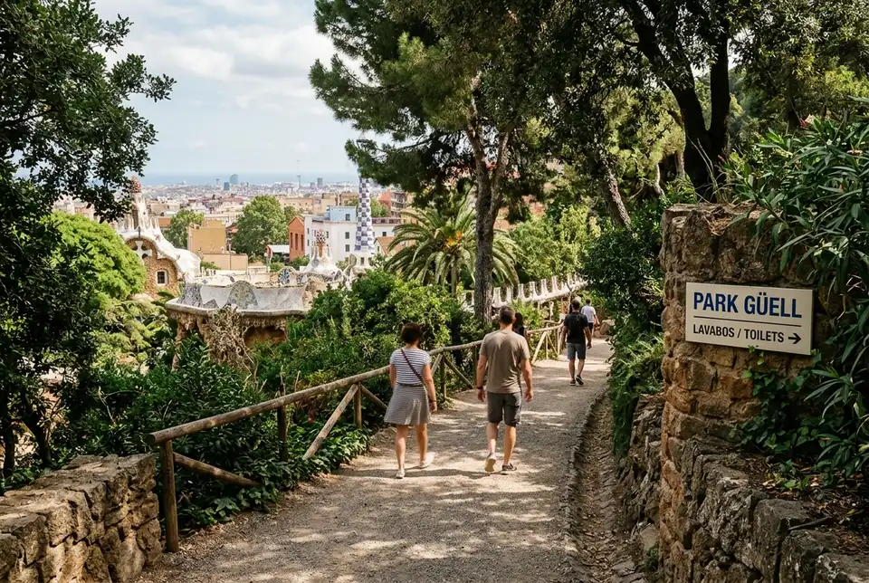 Visitors walking along a shaded path near a park guell toilets sign at the edge of the monumental zone, Barcelona hillside greenery in soft daylight