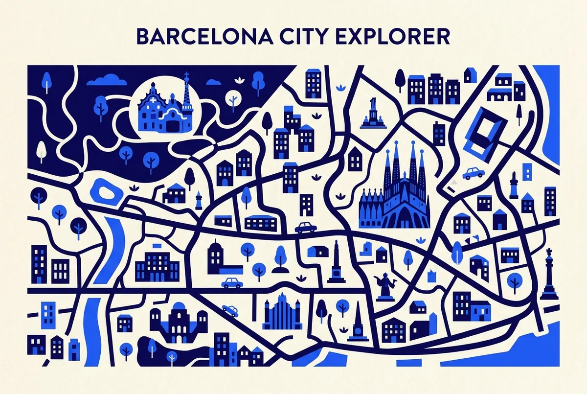 Map-style overview of Park Güell's location relative to Sagrada Família in Barcelona