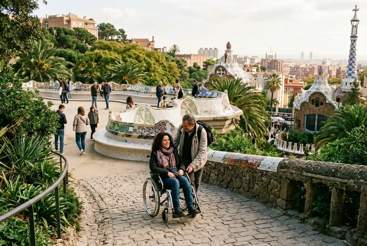 Visitor using a wheelchair on a paved path with a companion inside park guell, terraces and greenery behind in soft daylight
