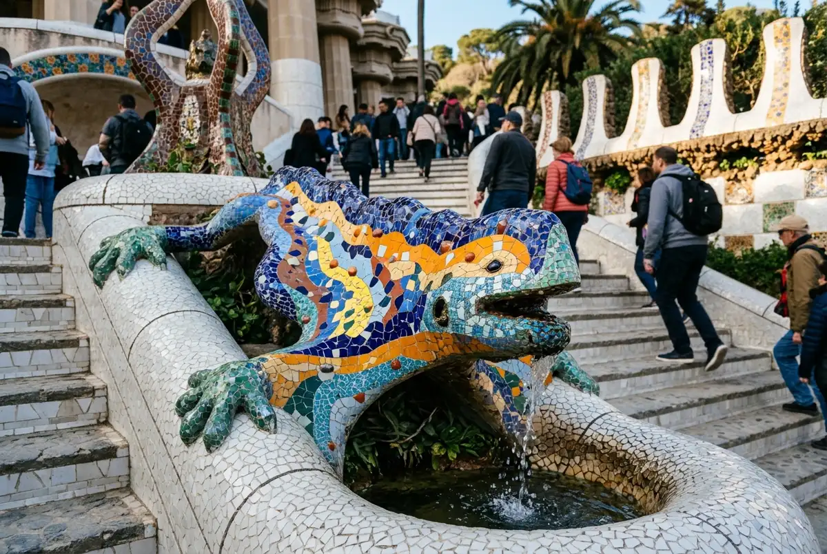 Close view of the park guell dragon mosaic fountain on the monumental staircase, colorful trencadis tiles and visitors on the steps behind