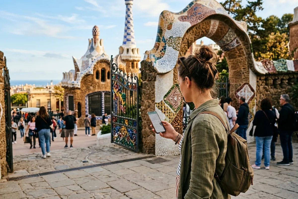 Traveler checking a Park Güell ticket price on a phone outside the mosaic-tiled entrance pavilions, warm morning light