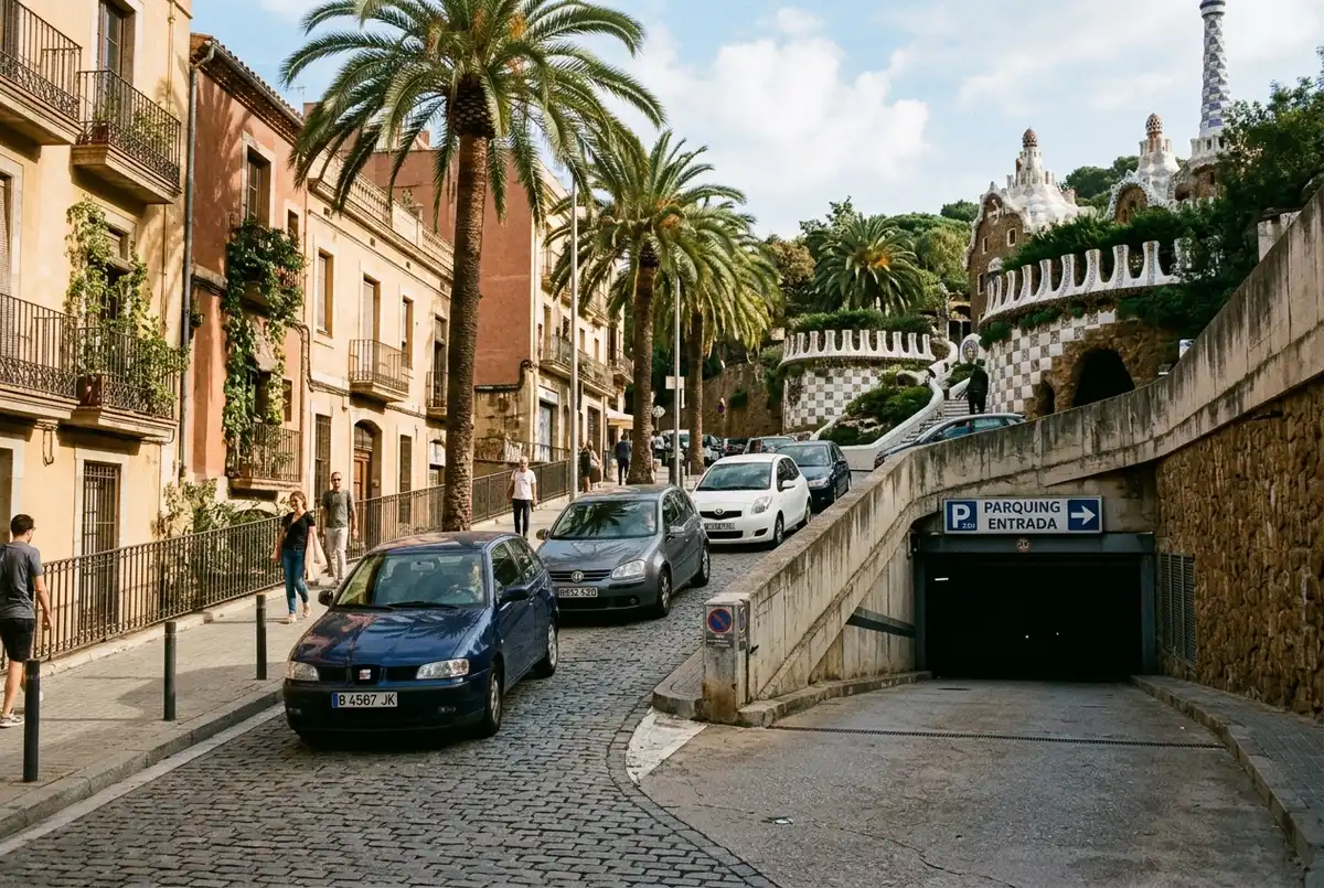 Entrance ramp of an underground car park on a Barcelona hillside street near park guell, cars waiting and palm trees overhead in daylight